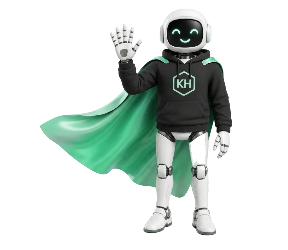 Vänlig vit robot med grön visir-display och mörk hoodie märkt KH, Krypto Heros AI-assistent vinkar välkomnande
