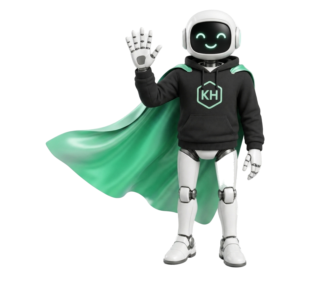 Vänlig vit robot med grön visir-display och mörk hoodie märkt KH — Krypto Heros AI-assistent vinkar välkomnande